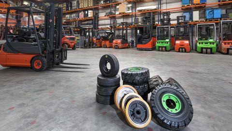 Forklift tyres in warehouse