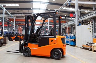 Orange Electric Forklift in Warehouse