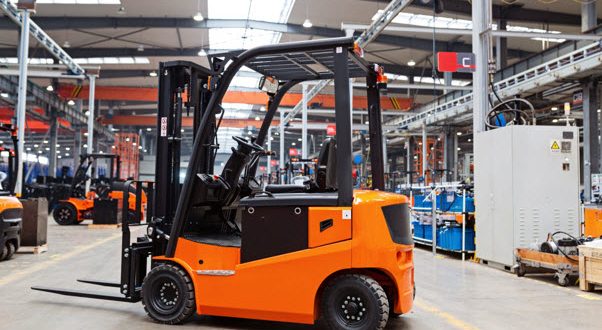Orange Electric Forklift in Warehouse