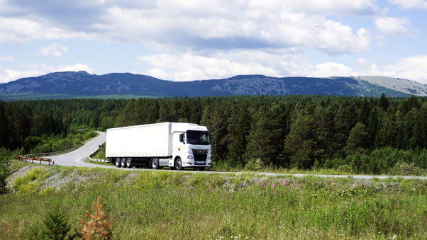 A truck passing a mountain road delivering goods for a trucking company