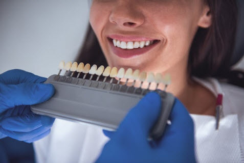 A dentist holding tooth shade guide next to a patient's teeth