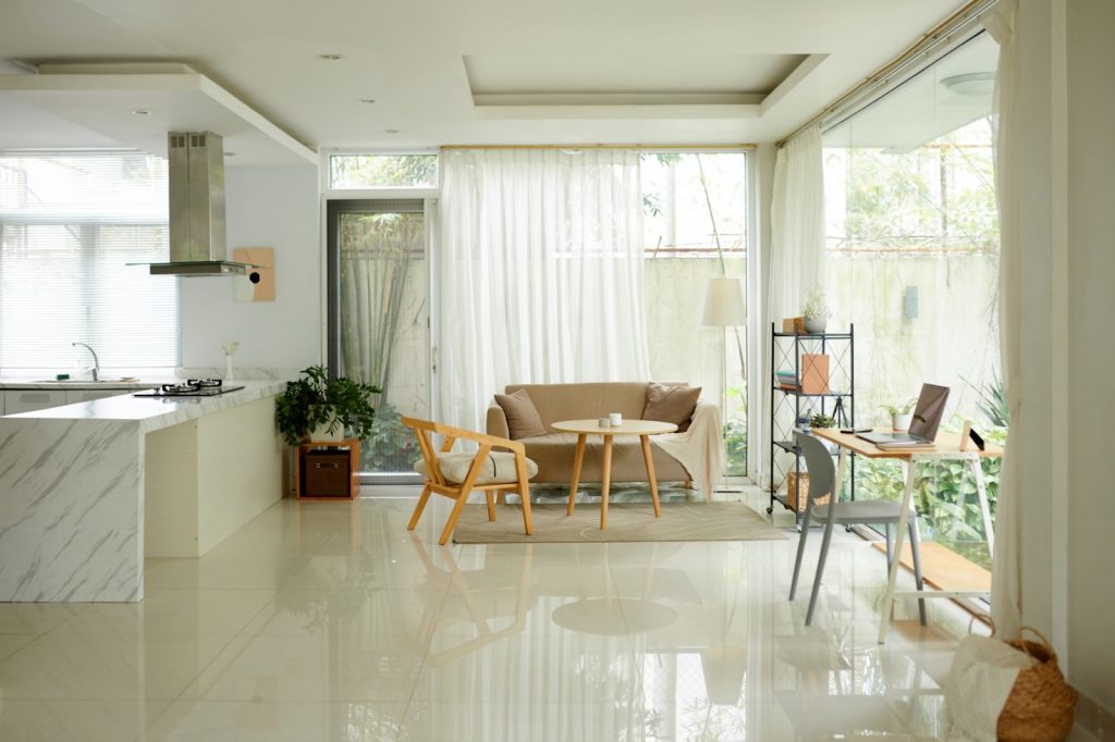 Large format tiles application in a dining room Large format tiles application in a dining room