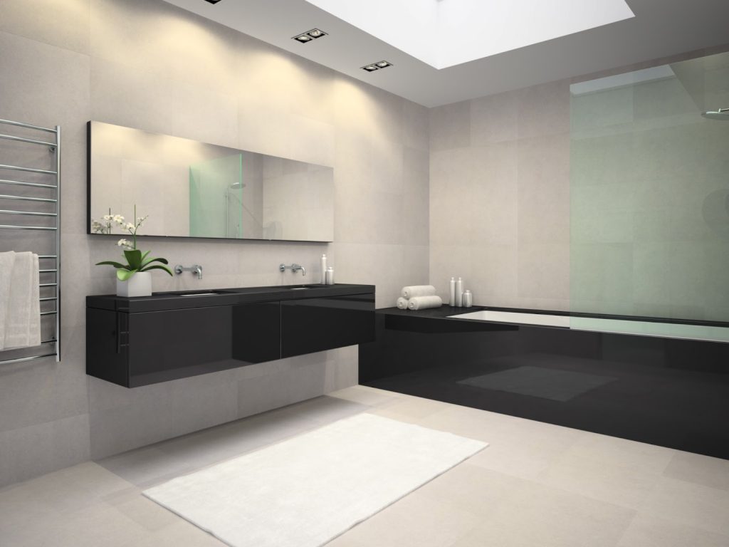 Large format tiles in the bathroom creating a modern aesthetic looks