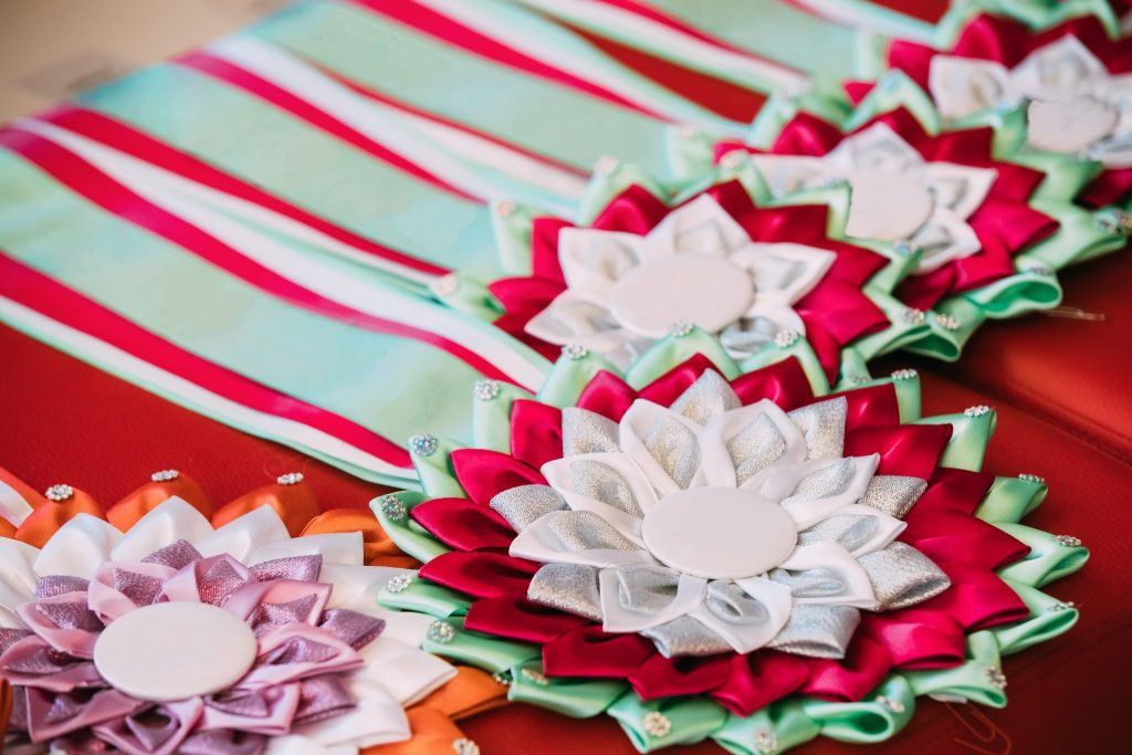 Printed ribbons enhancing floral arrangements in Singapore