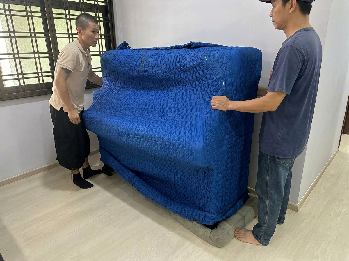 Skilled movers wrapping upright piano with protective padding during careful piano relocation service