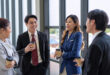 Business professionals attending a networking event at a centrally located corporate venue