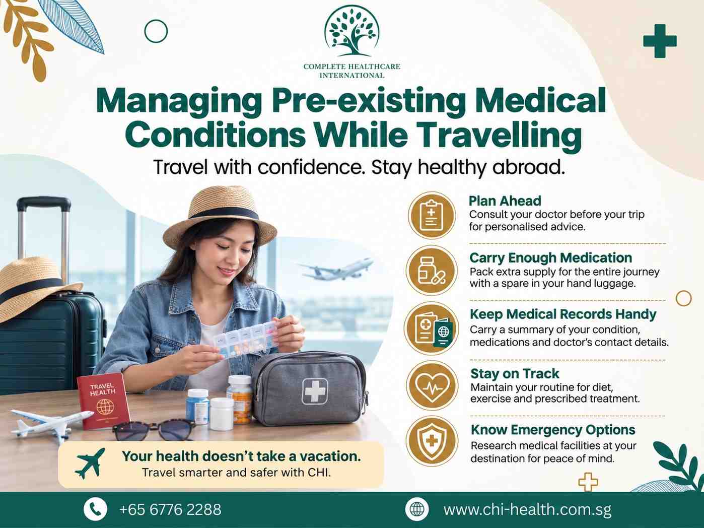 Six-step travel health planning infographic by CHI Health Singapore for expats preparing for international trips
