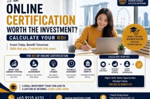 GAMI Singapore explaining the ROI of online certification, featuring a student studying online and highlighting career growth
