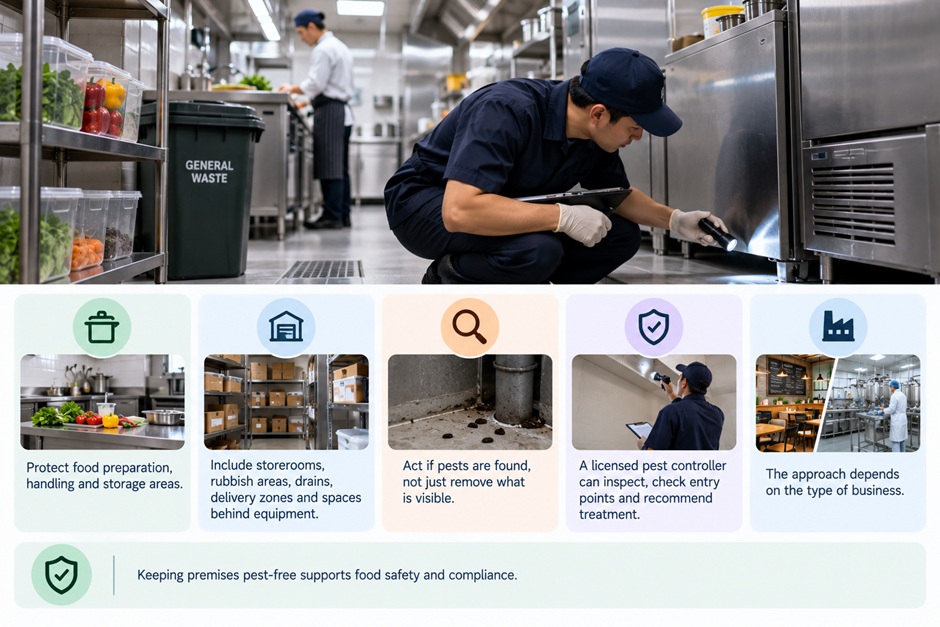 Checklist table for pest control monitoring in kitchens, storage areas, waste zones and loading areas