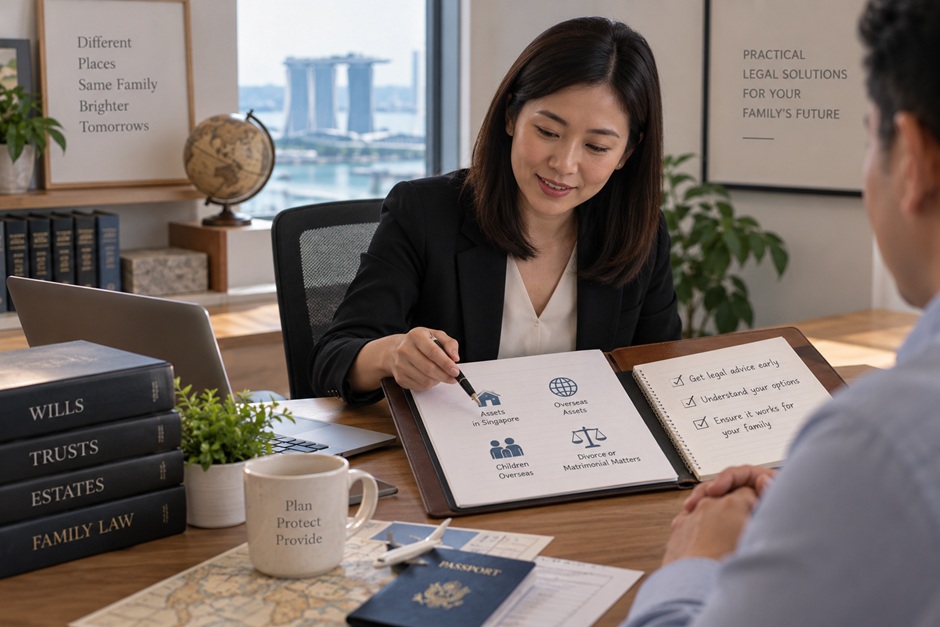 Chart showing estate planning considerations for families with Singapore and overseas property 
