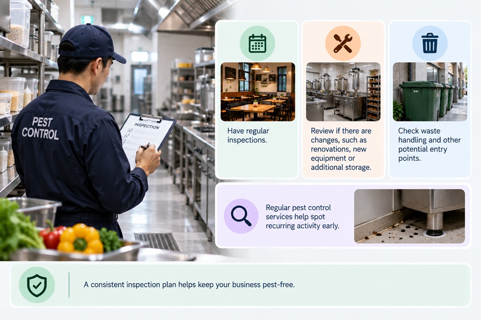 Checklist table for pest control monitoring in kitchens, storage areas, waste zones and loading areas