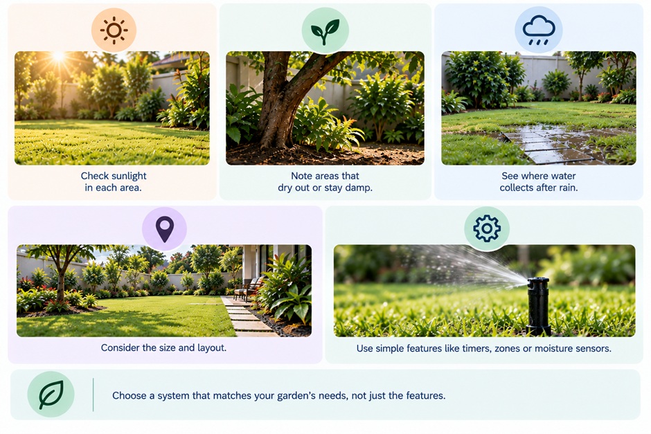 Different watering zones in garden with properly positioned sprinklers for efficient water distribution 
