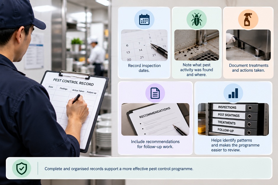 Professional pest control inspector examining commercial food premises for pest activity and entry routes