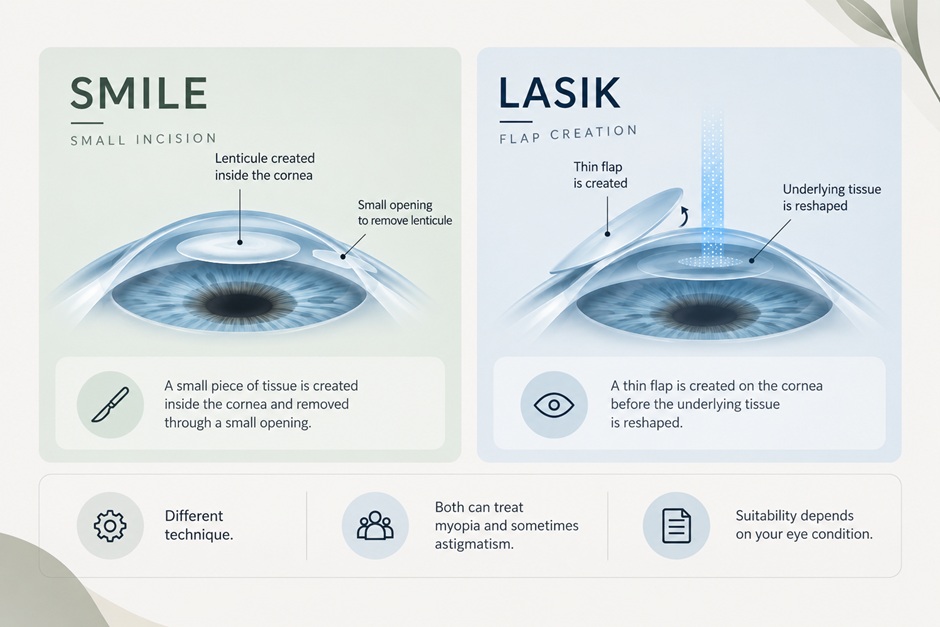 Side-by-side diagram showing SMILE lenticule extraction and LASIK flap creation procedures for vision correction