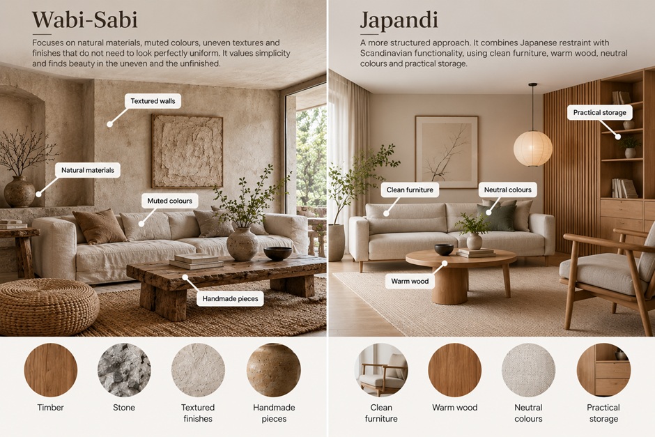 Minimalist wabi-sabi interior design with natural textures and earthy tones in Singapore home