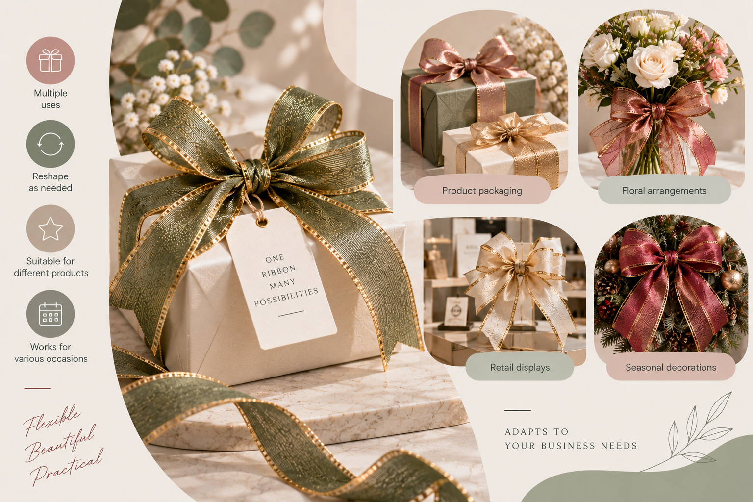 Wired ribbon shaped into a full bow on a gift box