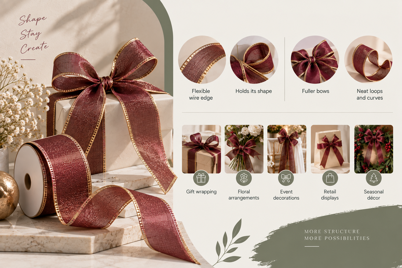 Wired ribbon shaped into structured bows for decorative designs